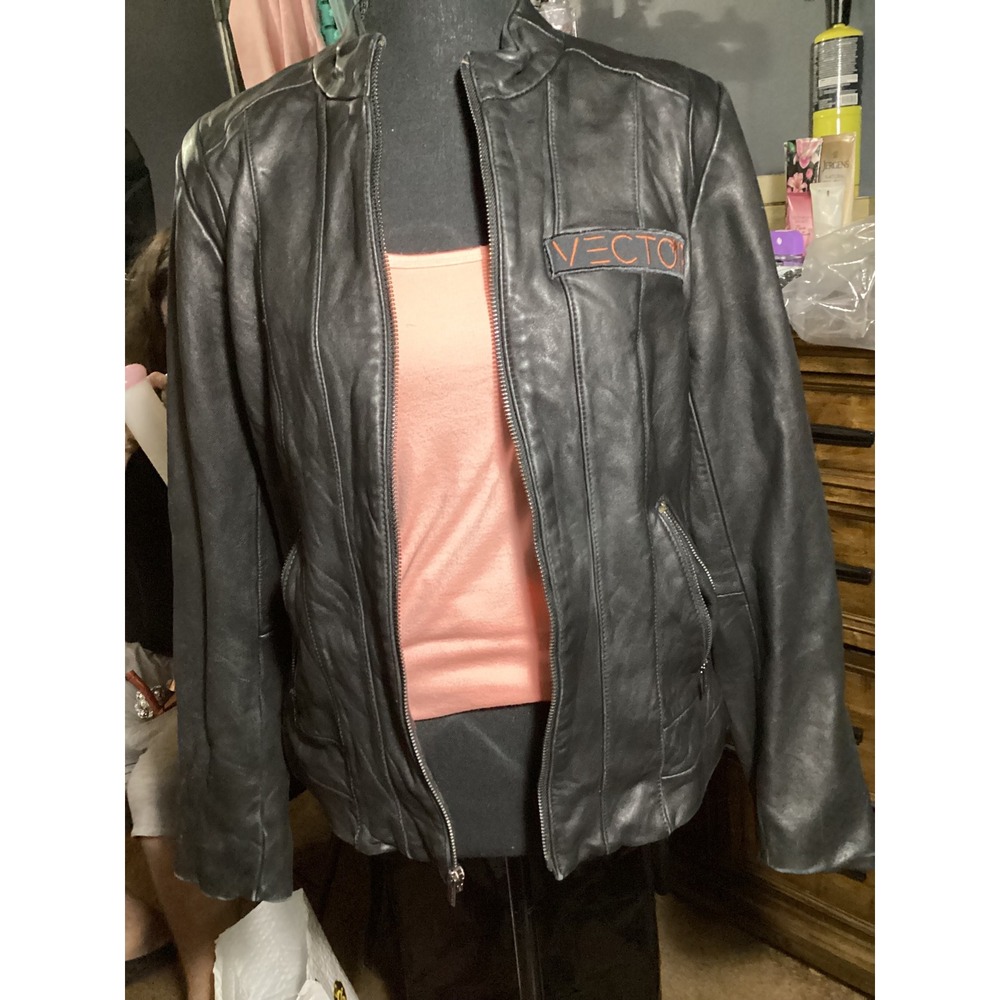 Wilsons Leather Womens Black Genuine Leather Cafe Racer Jacket Vector Patch M